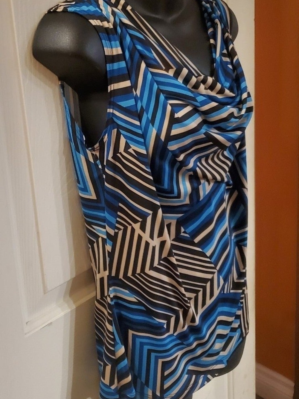Draped Cowl Neck Geometric Stripe Camisole - Blue/Black/White - Picture 4 of 6